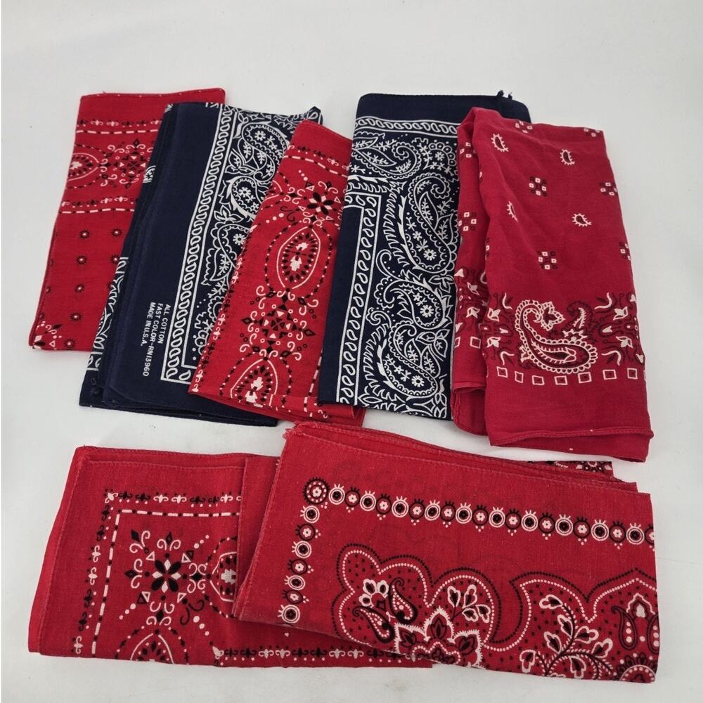 Vtg Lot Of 7 Fast Color Paris 100% Cotton Selvage Red Blue Bandanas Made in USA